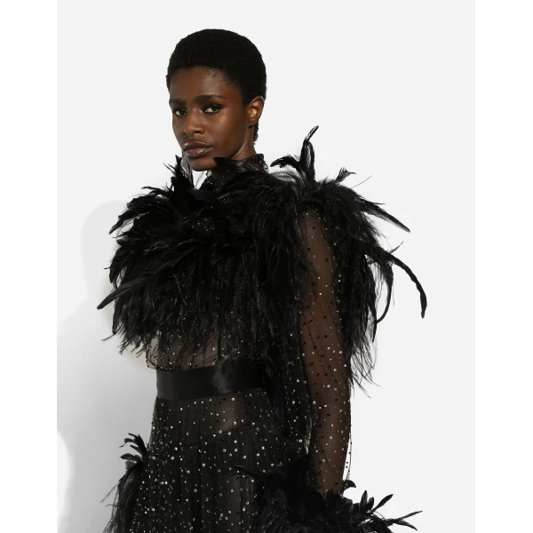 Dolce & Gabbana Calf-length stretch tulle dress with fusible rhinestones and rooster and ostrich feather embellishment, view 6