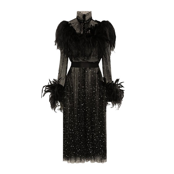 Dolce & Gabbana Calf-length stretch tulle dress with fusible rhinestones and rooster and ostrich feather embellishment