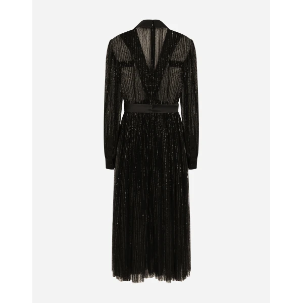 Dolce & Gabbana Calf-length tulle tuxedo shirt dress with sequin embellishment, view 2
