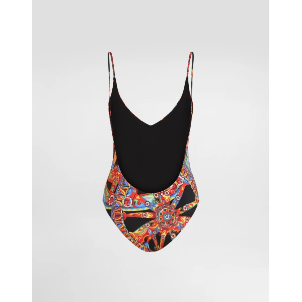 Dolce & Gabbana Carretto-print one-piece swimsuit with logo, view 2