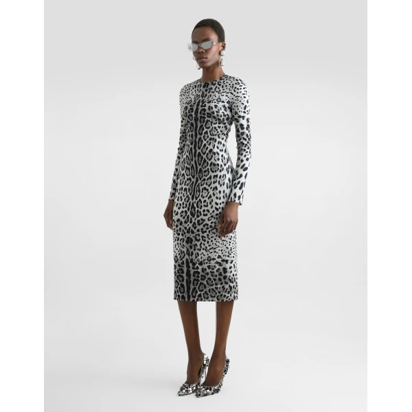 Dolce & Gabbana Charmeuse calf-length sheath dress with leopard print, view 2