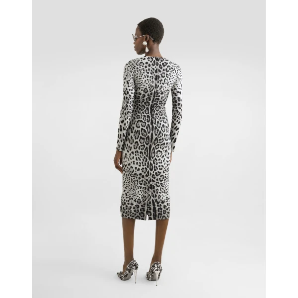 Dolce & Gabbana Charmeuse calf-length sheath dress with leopard print, view 3