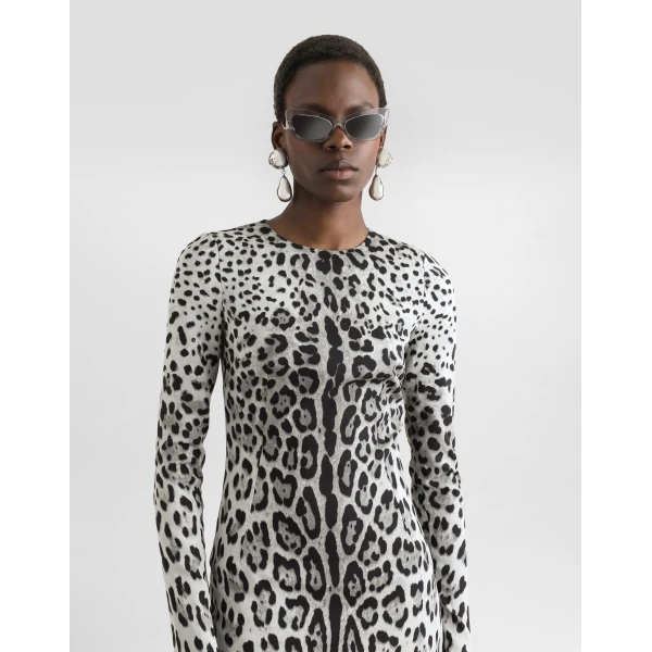 Dolce & Gabbana Charmeuse calf-length sheath dress with leopard print, view 4