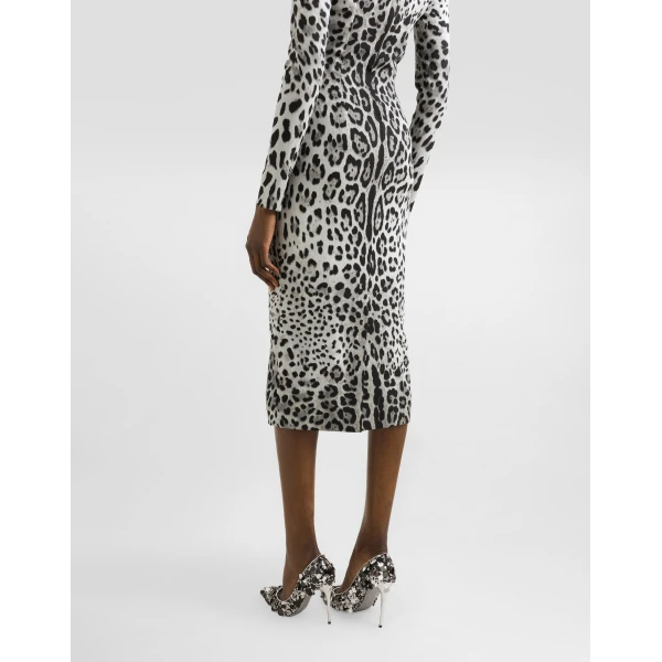 Dolce & Gabbana Charmeuse calf-length sheath dress with leopard print, view 5