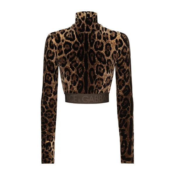 Chenille turtle-neck top with jacquard leopard design