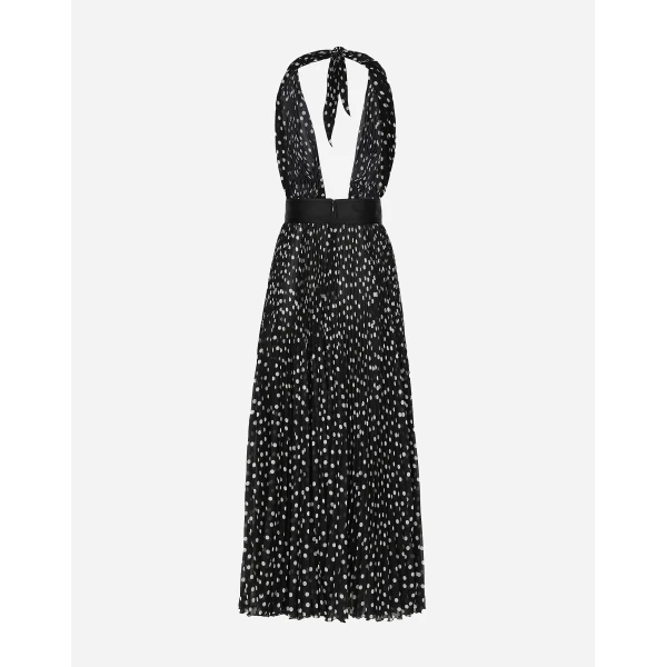 Dolce & Gabbana Chiffon calf-length dress with plunging neckline and polka-dot print, view 2