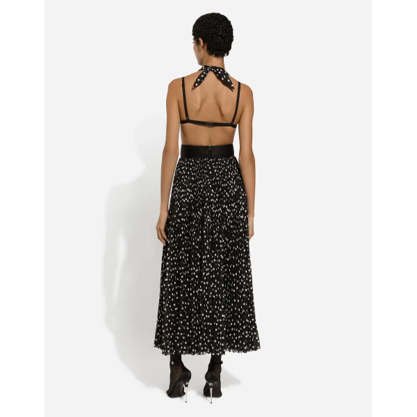 Dolce & Gabbana Chiffon calf-length dress with plunging neckline and polka-dot print, view 3