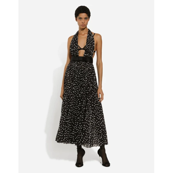 Dolce & Gabbana Chiffon calf-length dress with plunging neckline and polka-dot print, view 4