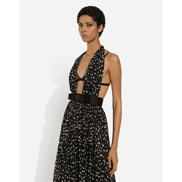 Dolce & Gabbana Chiffon calf-length dress with plunging neckline and polka-dot print, view 5