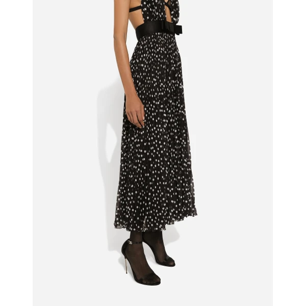 Dolce & Gabbana Chiffon calf-length dress with plunging neckline and polka-dot print, view 6