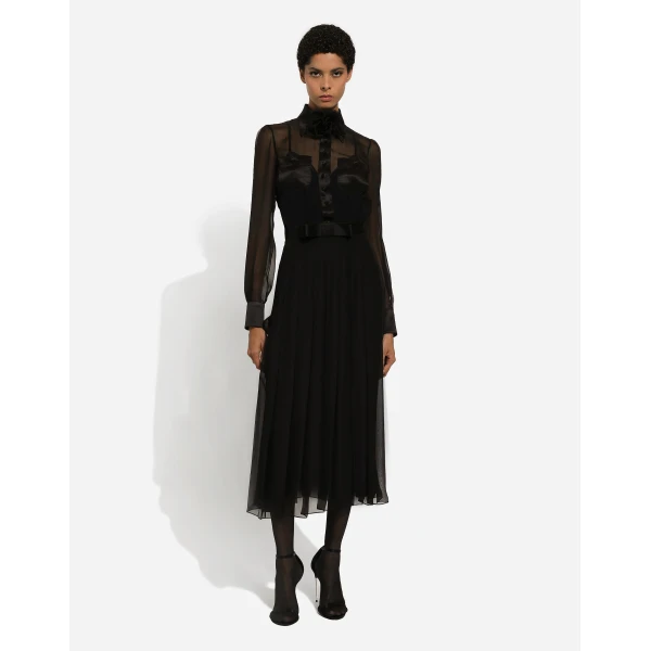 Dolce & Gabbana Chiffon calf-length shirt dress with satin details, view 3