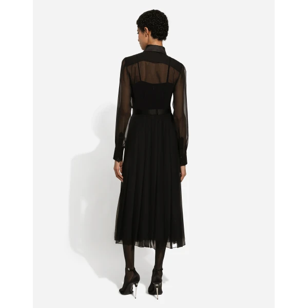 Dolce & Gabbana Chiffon calf-length shirt dress with satin details, view 4