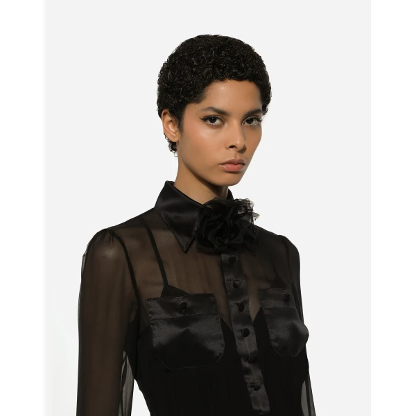 Dolce & Gabbana Chiffon calf-length shirt dress with satin details, view 5