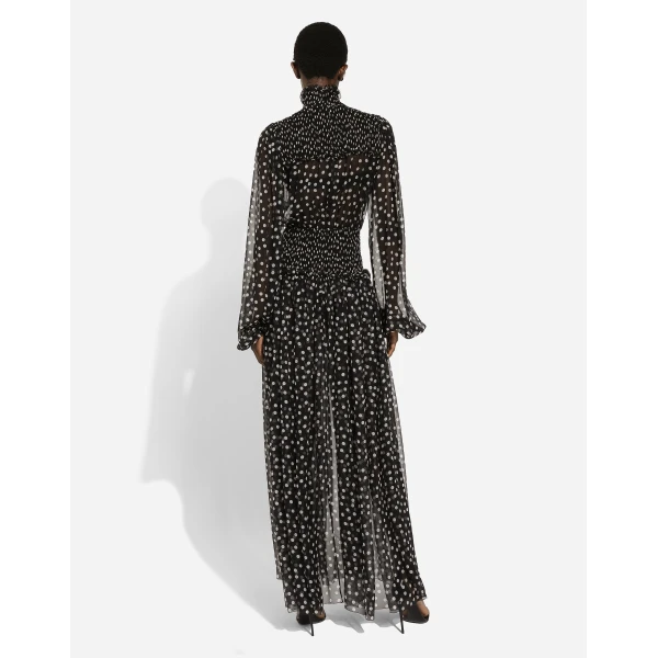 Dolce & Gabbana Chiffon midi dress with smock stitching and micro-polka dot print, view 3