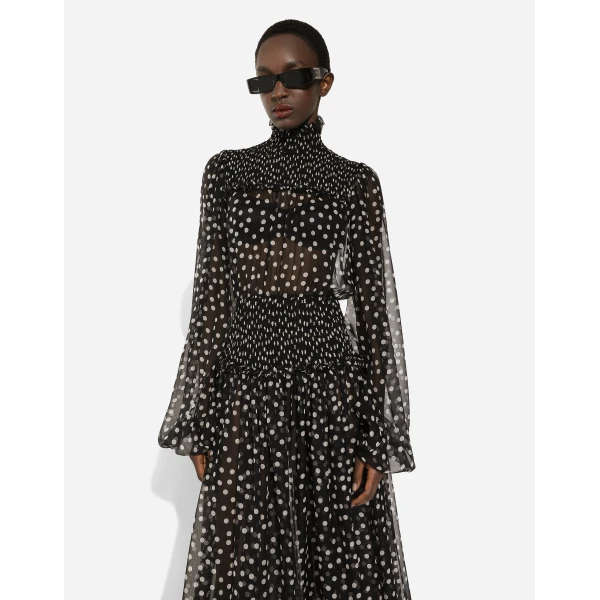 Dolce & Gabbana Chiffon midi dress with smock stitching and micro-polka dot print, view 4