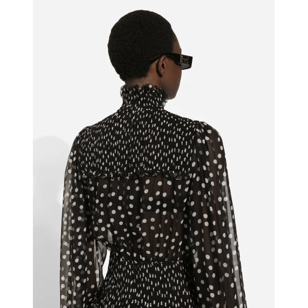 Dolce & Gabbana Chiffon midi dress with smock stitching and micro-polka dot print, view 5