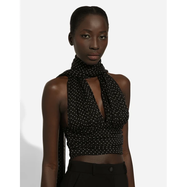 Dolce & Gabbana Chiffon top with polka-dot print and scarf detail, view 5