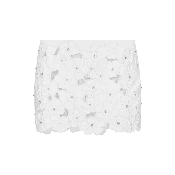 Cotton miniskirt with floral embroidery and rhinestone embellishment