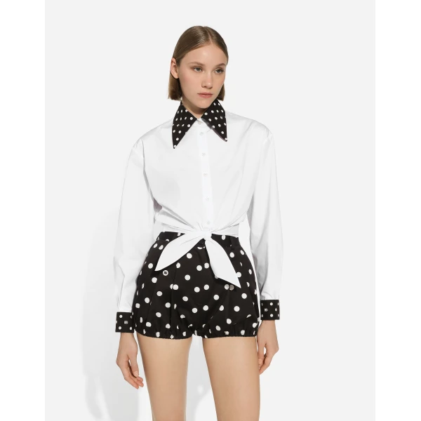 Dolce & Gabbana Cropped cotton poplin shirt with knot detail and polka-dot print, view 4