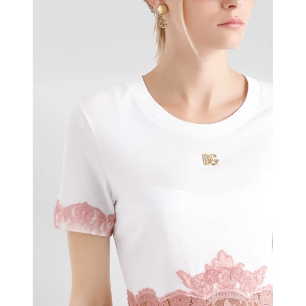 Dolce & Gabbana Cropped jersey T-shirt with DG logo and lace inserts Top, view 4