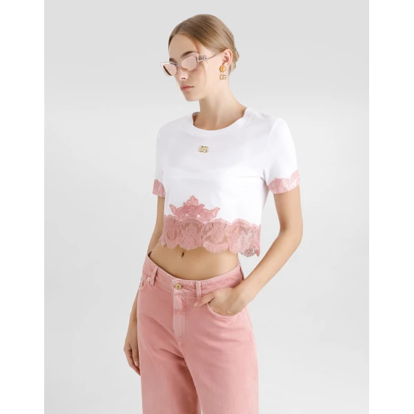 Dolce & Gabbana Cropped jersey T-shirt with DG logo and lace inserts Top, view 5