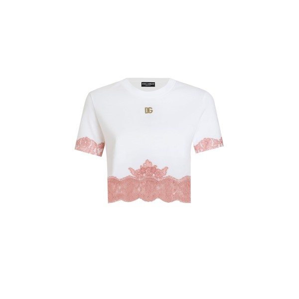 Dolce & Gabbana Cropped jersey T-shirt with DG logo and lace inserts Top