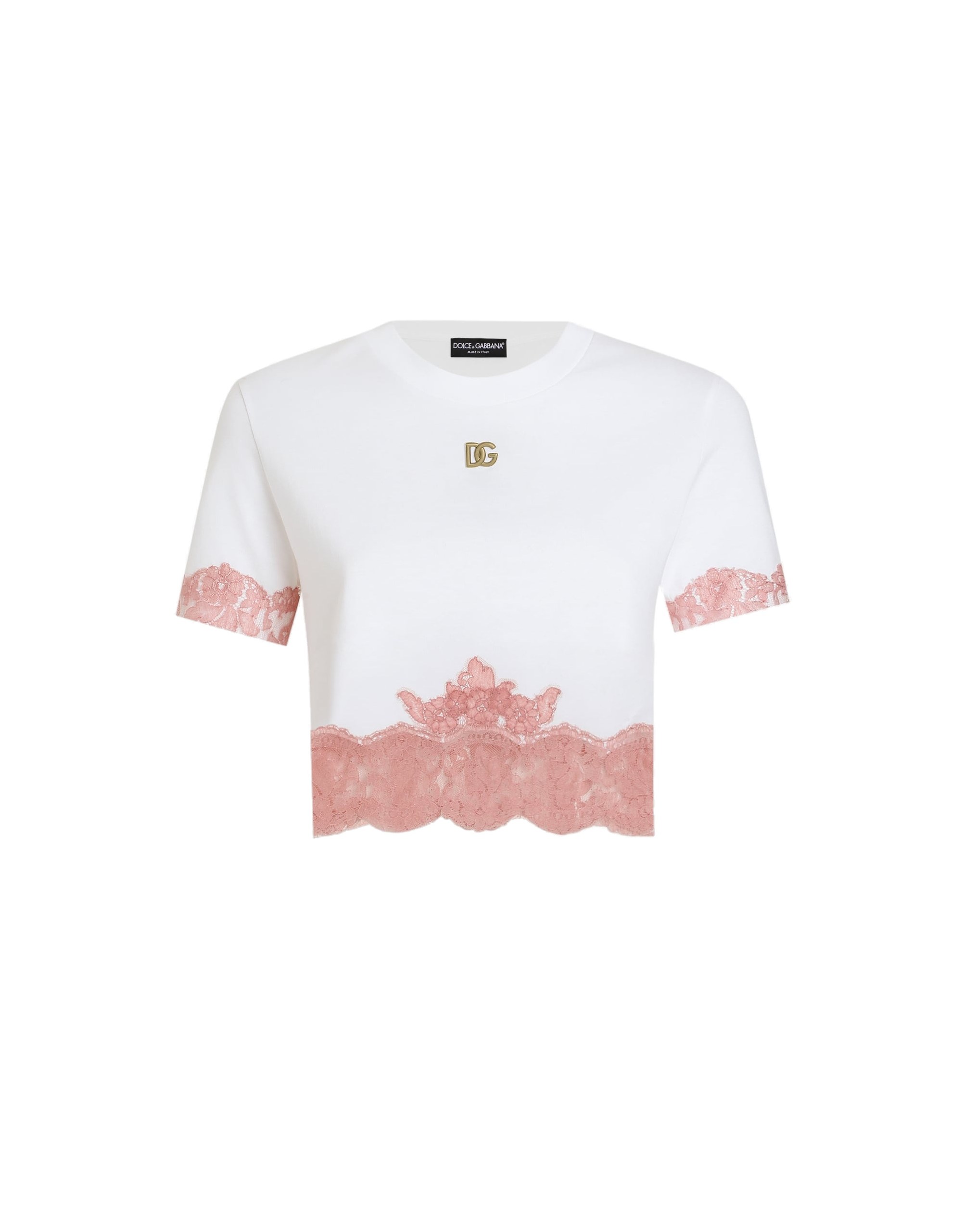 Dolce & Gabbana Cropped jersey T-shirt with DG logo and lace inserts