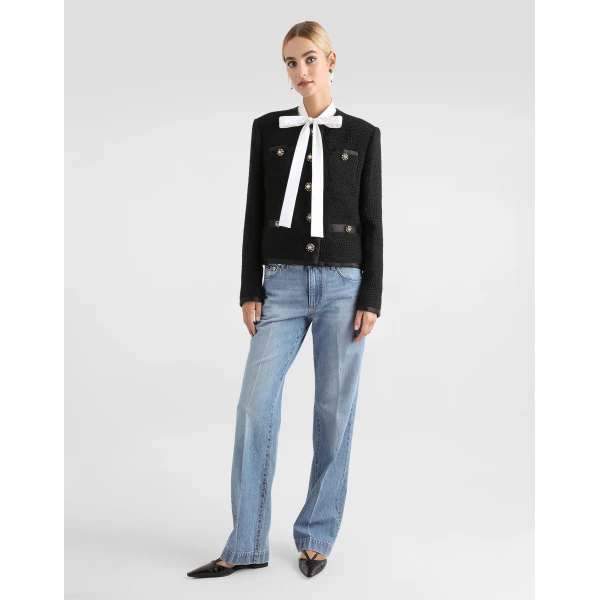 Dolce & Gabbana Cropped single-breasted bouclé tweed jacket with bejeweled buttons, view 2