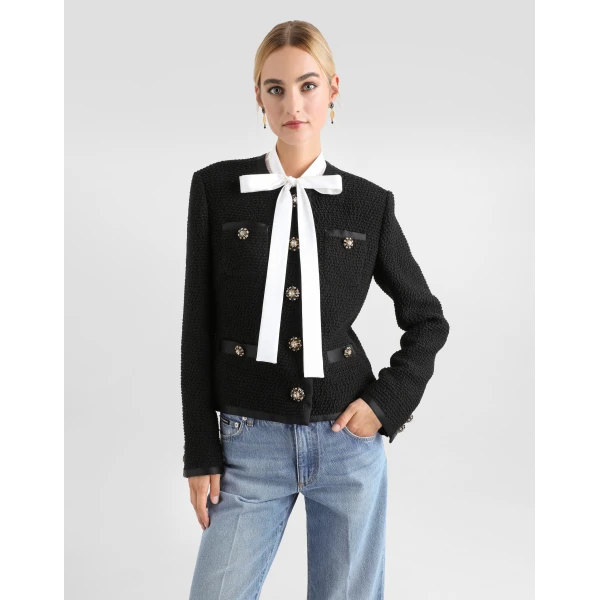 Dolce & Gabbana Cropped single-breasted bouclé tweed jacket with bejeweled buttons, view 4