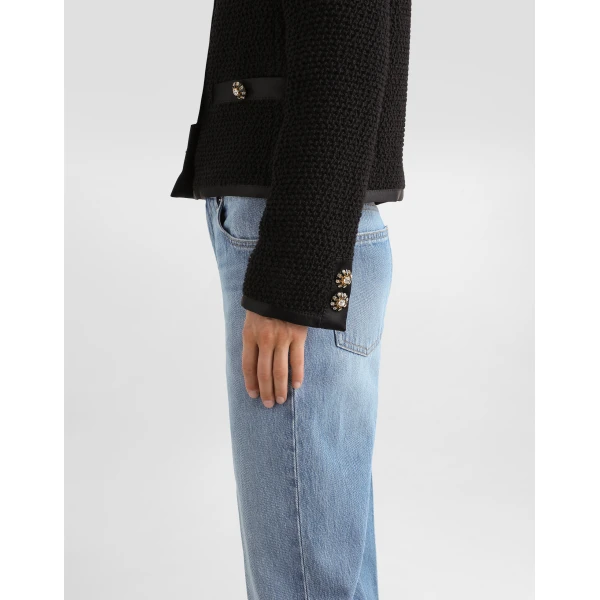 Dolce & Gabbana Cropped single-breasted bouclé tweed jacket with bejeweled buttons, view 5