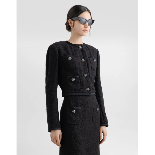 Dolce & Gabbana Cropped single-breasted raschel tweed jacket with bejeweled buttons, view 4