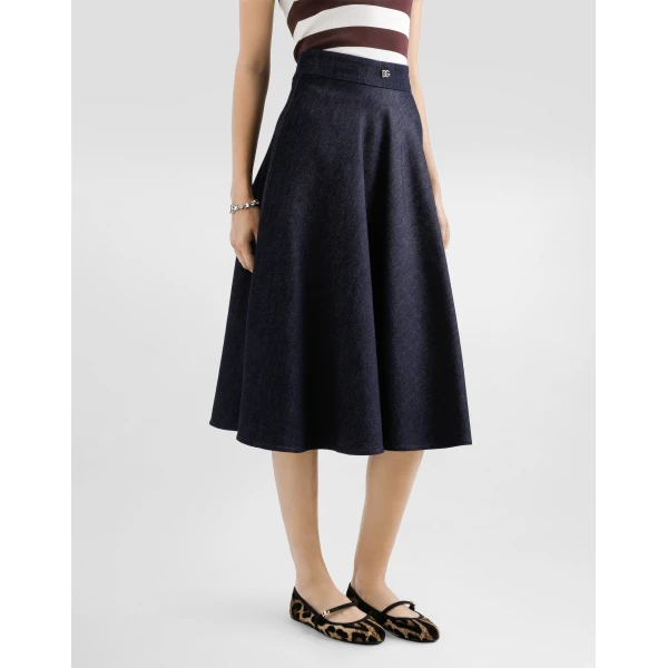 Dolce & Gabbana Denim calf-length circle skirt with DG logo pin, view 4