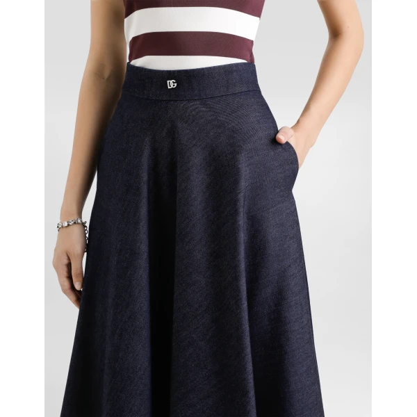 Dolce & Gabbana Denim calf-length circle skirt with DG logo pin, view 5