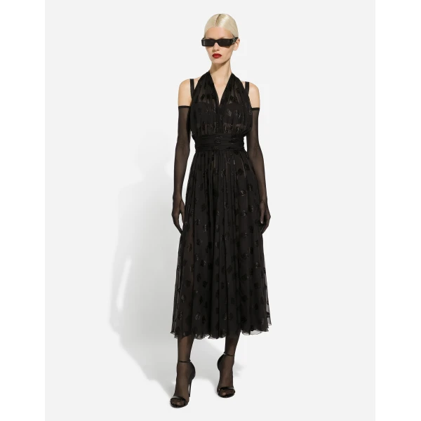 Dolce & Gabbana Dévoré satin calf-length dress with all-over DG logo, view 2