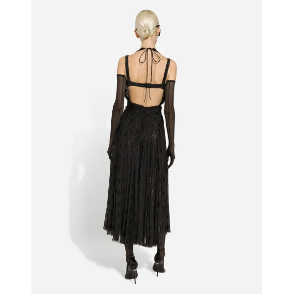 Dolce & Gabbana Dévoré satin calf-length dress with all-over DG logo, view 3