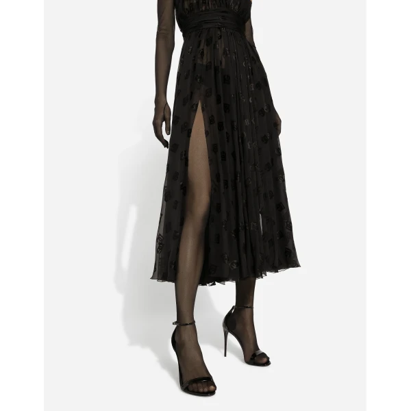 Dolce & Gabbana Dévoré satin calf-length dress with all-over DG logo, view 5