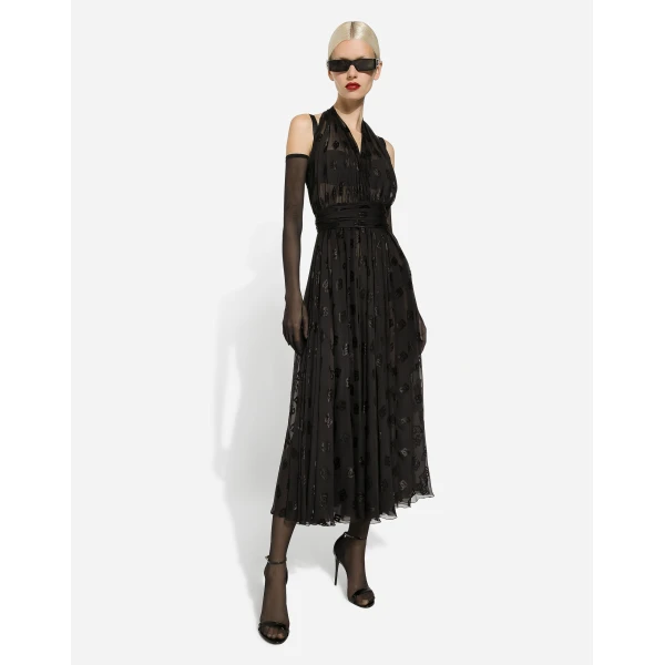 Dolce & Gabbana Dévoré satin calf-length dress with all-over DG logo, view 6