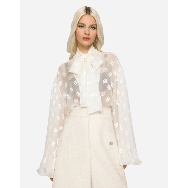 Dolce & Gabbana Devoré satin pussy-bow shirt with all-over DG logo, view 3