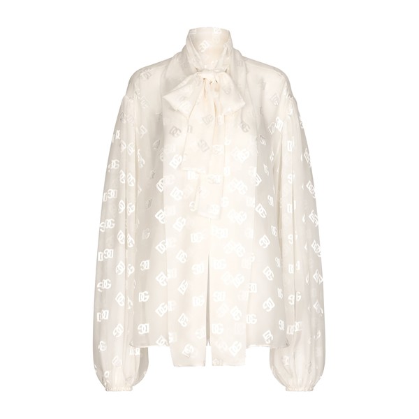 Dolce & Gabbana Devoré satin pussy-bow shirt with all-over DG logo