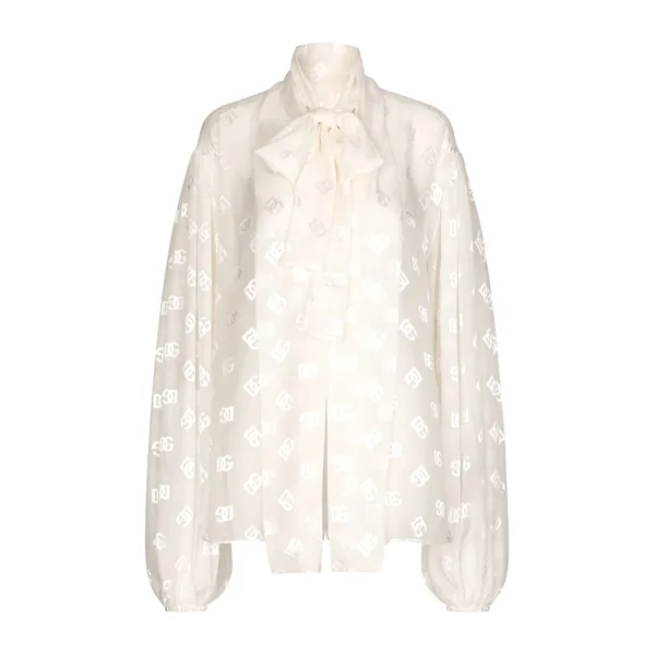 Dolce & Gabbana Devoré satin pussy-bow shirt with all-over DG logo