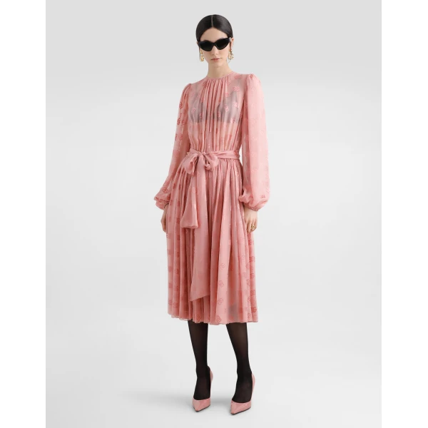 Dolce & Gabbana Dévoré silk jacquard calf-length dress with DG logo, view 2