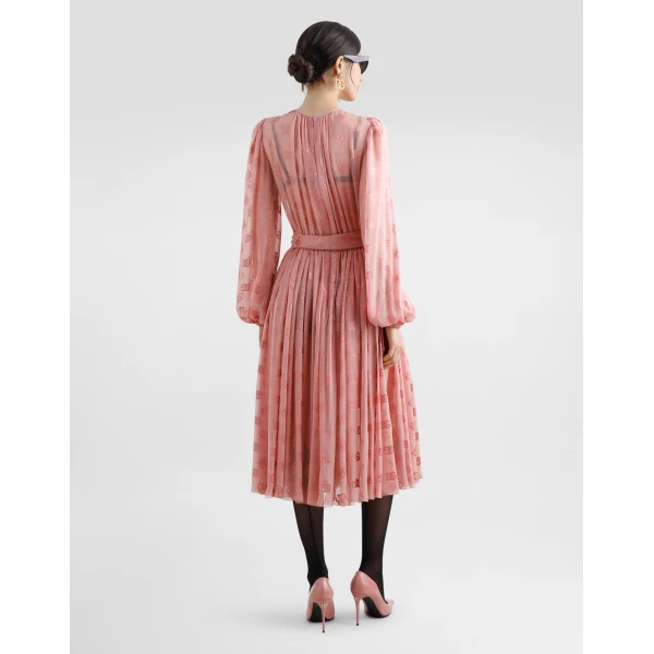 Dolce & Gabbana Dévoré silk jacquard calf-length dress with DG logo, view 3
