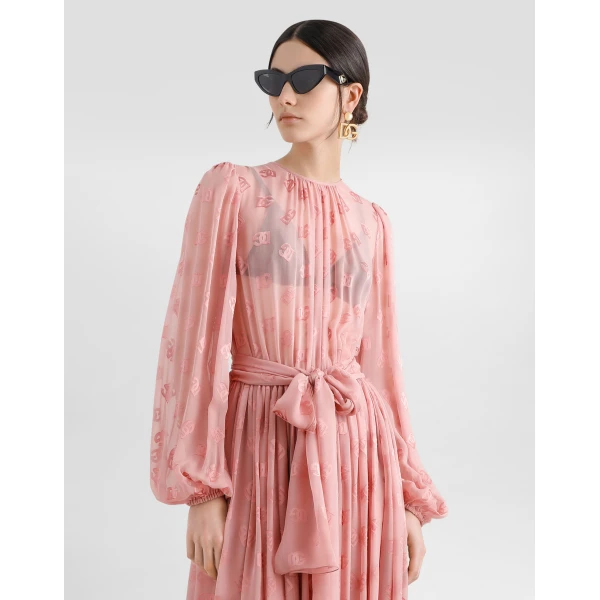 Dolce & Gabbana Dévoré silk jacquard calf-length dress with DG logo, view 4