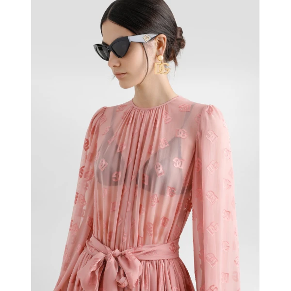Dolce & Gabbana Dévoré silk jacquard calf-length dress with DG logo, view 5