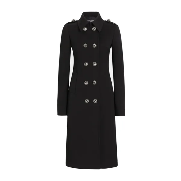 Double-breasted wool coat with bejeweled buttons