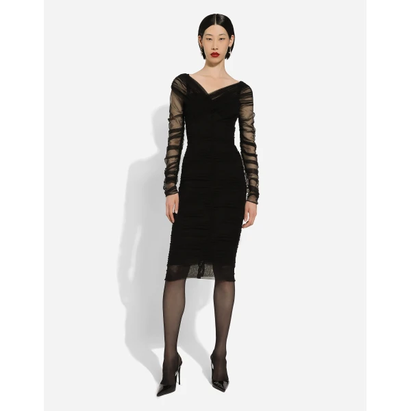 Dolce & Gabbana Draped midi dress in cotton tulle, view 2
