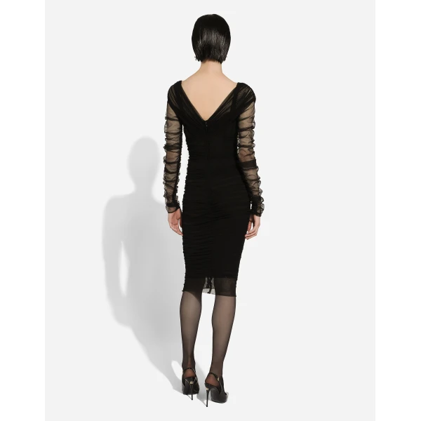 Dolce & Gabbana Draped midi dress in cotton tulle, view 3