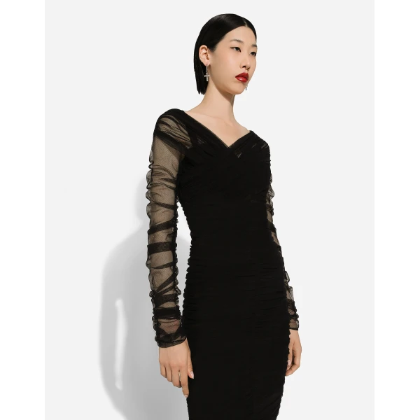 Dolce & Gabbana Draped midi dress in cotton tulle, view 4