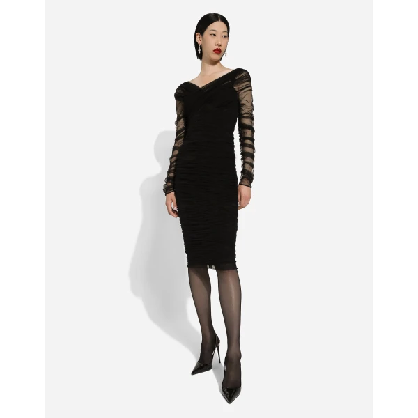 Dolce & Gabbana Draped midi dress in cotton tulle, view 5