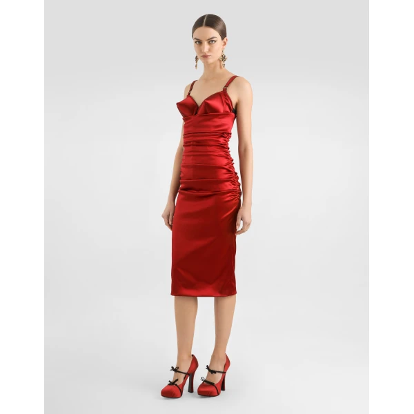 Dolce & Gabbana Draped satin calf-length dress with conical cups, view 2